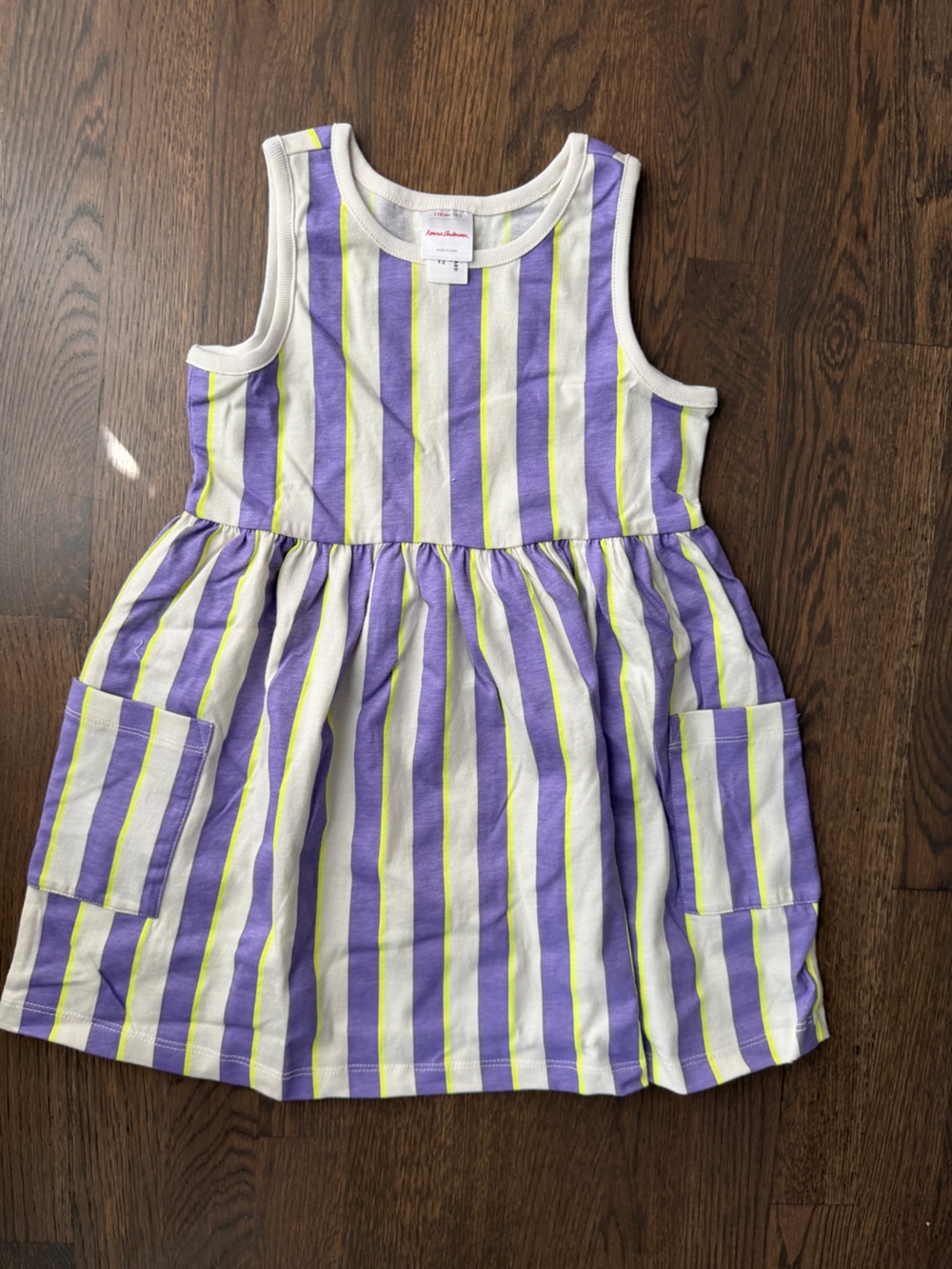 Hanna Anderson Striped Lavender & White Sleeveless Dress with Neon Yellow